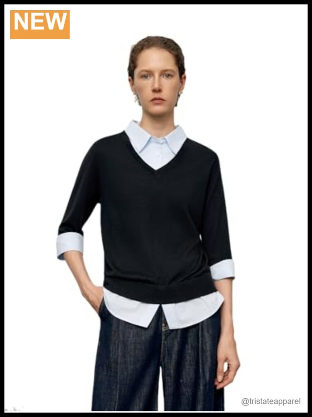 V Neck Layered Knit Sweater Top, Shirt Collar Two-in-One Pullover Wool Blend